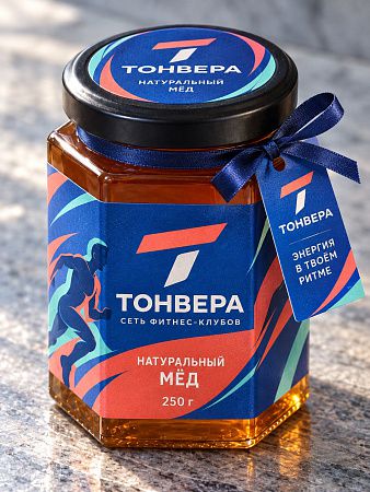 Мёд с логотипом 250 гр. с лентой и биркой.